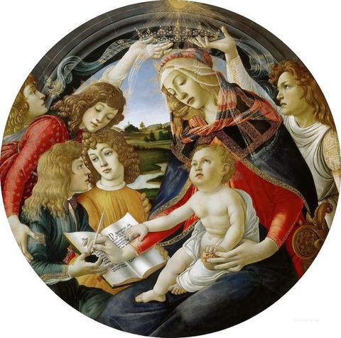 Painting. A round painting featuring the Madonna and Child at the front right. Three long-haired young people on the left hold a book out, which Mary writes in with a nib pen and ink. Two young people dressed in white flank the scene, holding a silver crown over Mary's head.