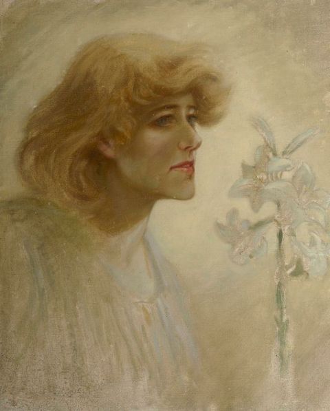 Painting. A head to shoulder portrait of a woman seen from a side-on view, with shoulder-length blonde hair wearing a white gown. To the image right a long stem bearing white, ornate flowers extends upwards beside her.