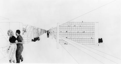 Black and white photograph. A digital design featuring perspectival lines, architectural features, and various people in a range of differing sizes.