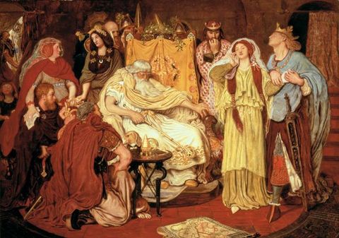 Painting. A crowded indoor scene. In the centre an elderly man dressed in draped white clothing, with a long white beard is slumped in a throne that rests on a dark red carpet. In his right hand he carries a long staff. People dressed in colourful clothing surround him with concerned faces.